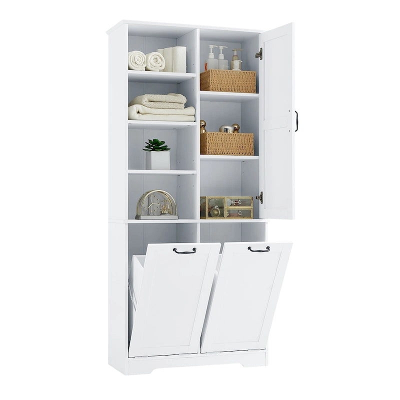 Badezimmerschrank mit Türen, offenen Regalfächern und ausklappbarem Wäschekorb