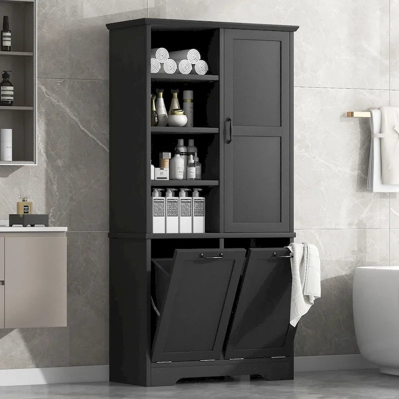 Badezimmerschrank mit Türen, offenen Regalfächern und ausklappbarem Wäschekorb