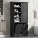 Badezimmerschrank mit Türen, offenen Regalfächern und ausklappbarem Wäschekorb