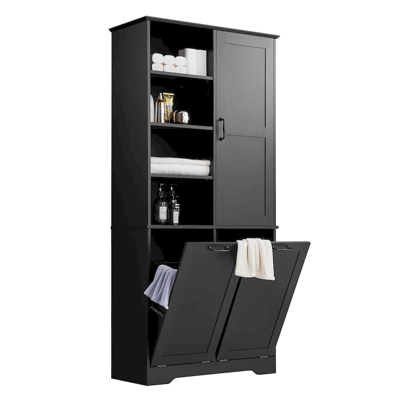 Badezimmerschrank mit Türen, offenen Regalfächern und ausklappbarem Wäschekorb